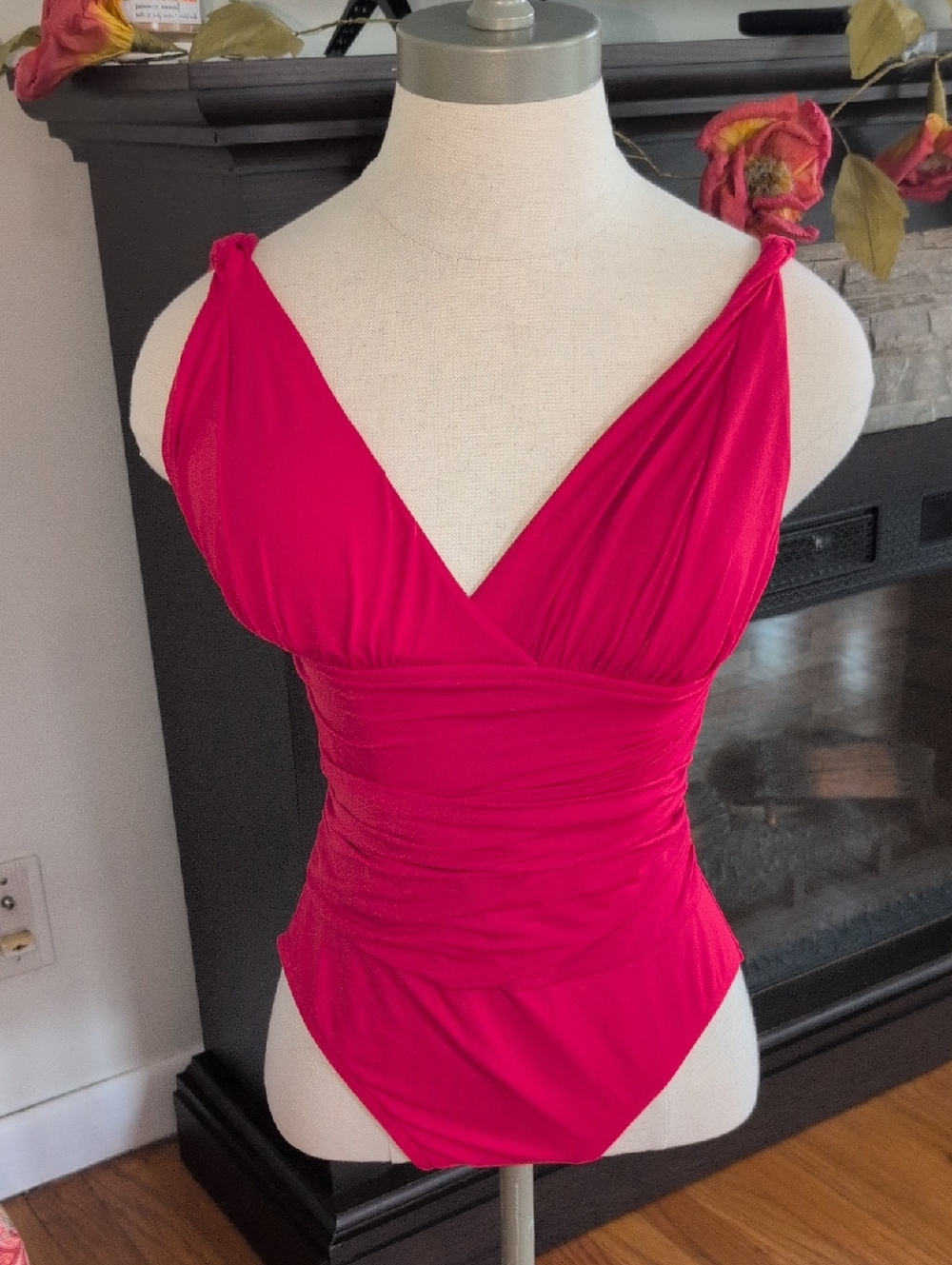 Women’s Red Ruched V-Neck One-Piece Swimsuit